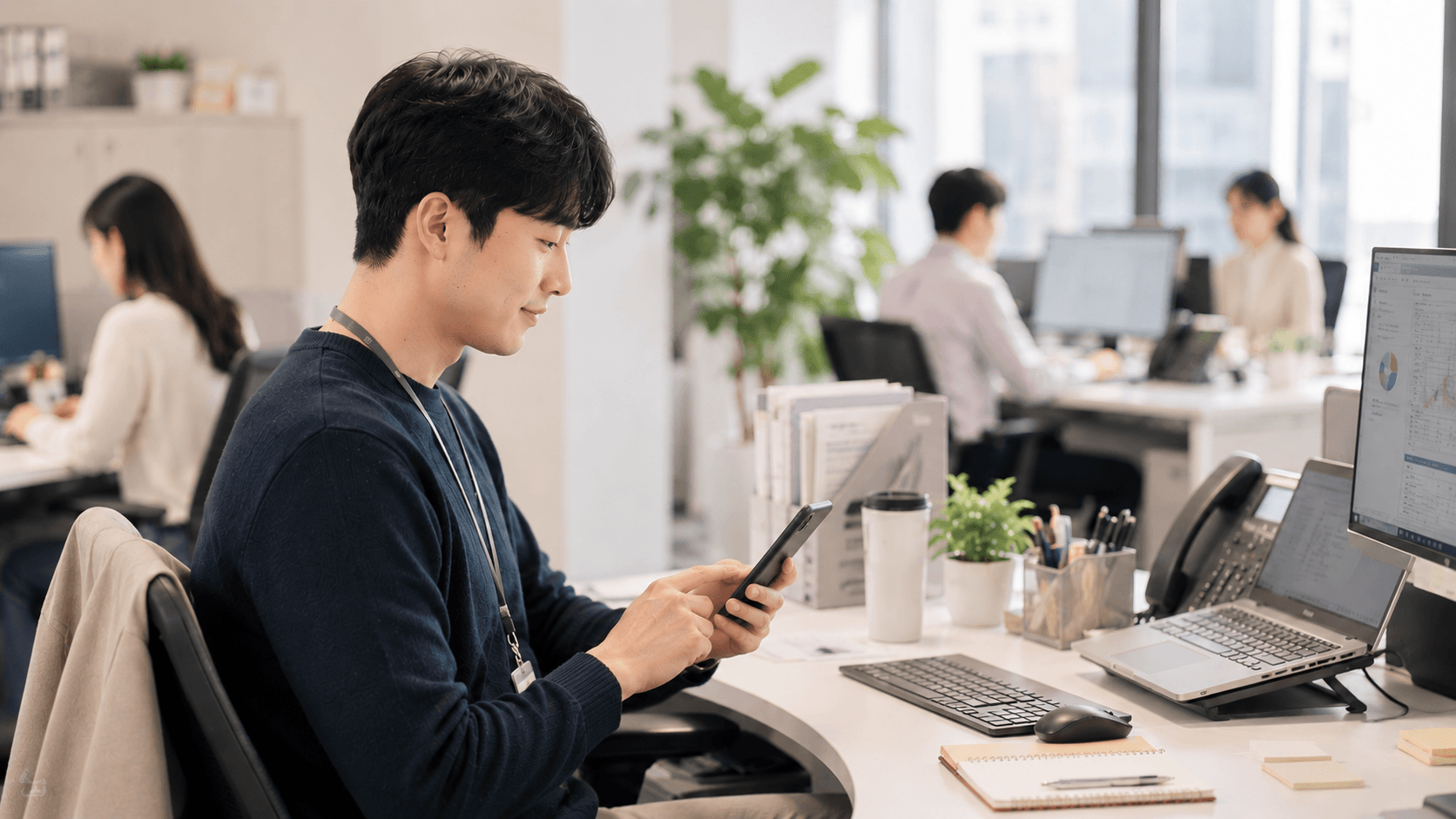 업무 중 휴대전화로 참여할 미션을 확인하는 직원