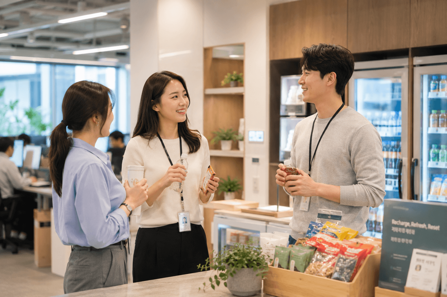 사내 버디 공간에서 자연스럽게 대화하는 직원들